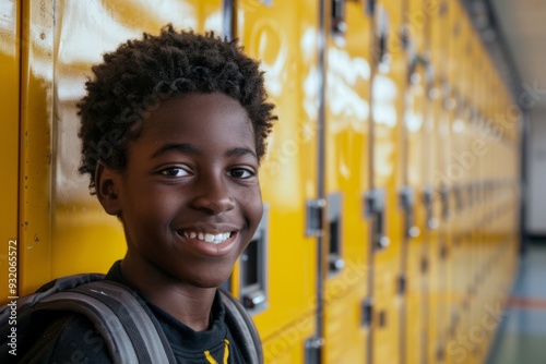 Portrait of a smiling black boy in school hallway photo