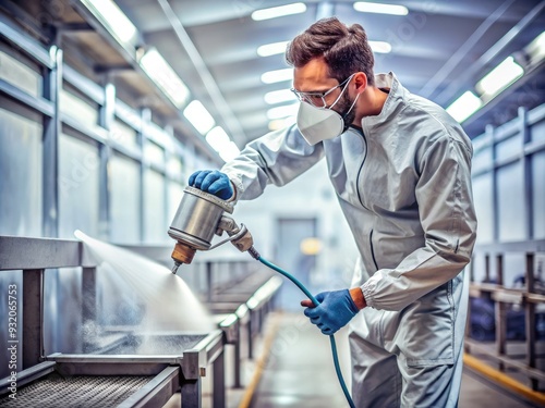 Detailed view of skilled technician using airless spray gun to apply smooth coat of paint to metal surface in a busy industrial workshop setting. photo