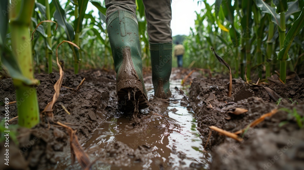 A person walks through a muddy cornfield wearing green boots, a farmer A person walks through a muddy cornfield wearing green boots, a farmer