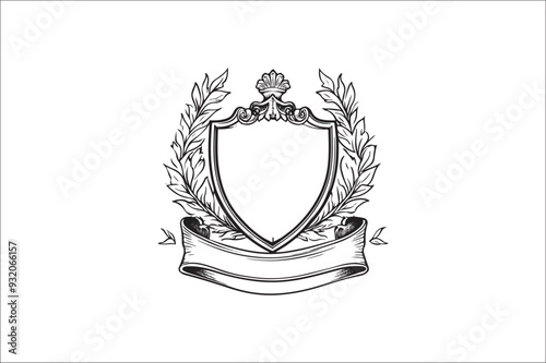 
Crown headed Shield silhouette.  Heraldic emblem crest shield with crown on white background.