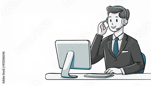 Smiling Customer Service Representative Using a Headset and Computer