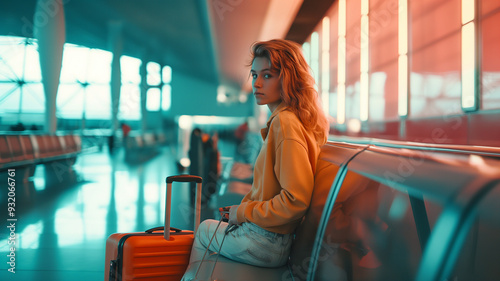 Chica Esperando con Maletas en el Aeropuerto photo