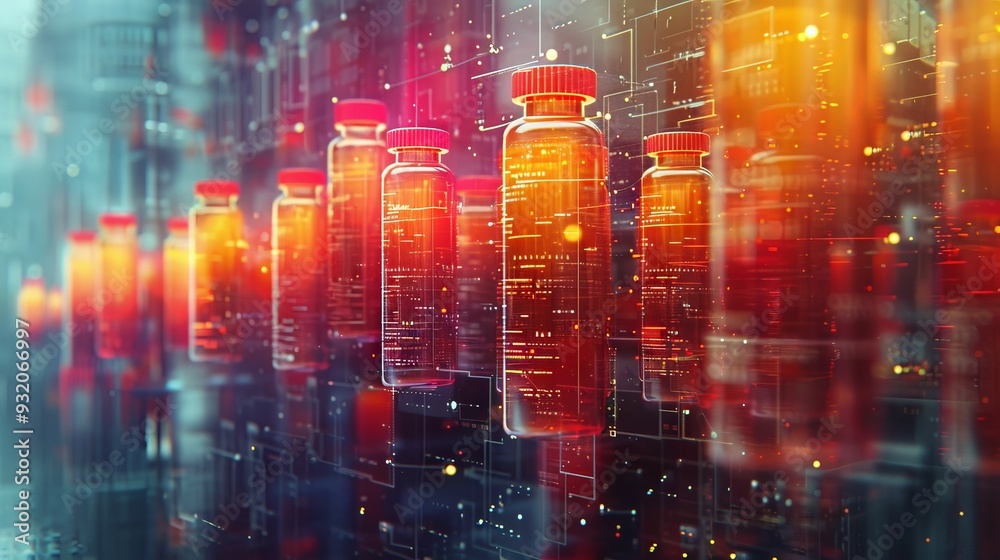 A row of luminous liquids in bottles on the background of a futuristic laboratory A row of luminous liquids in bottles on the background of a futuristic laboratory