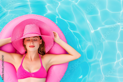 Pink Paradise: A serene woman in a pink bikini and matching hat floats effortlessly in a pool, embodying the ultimate summer bliss. The vibrant colors and her relaxed posture evoke a sense of tranquil