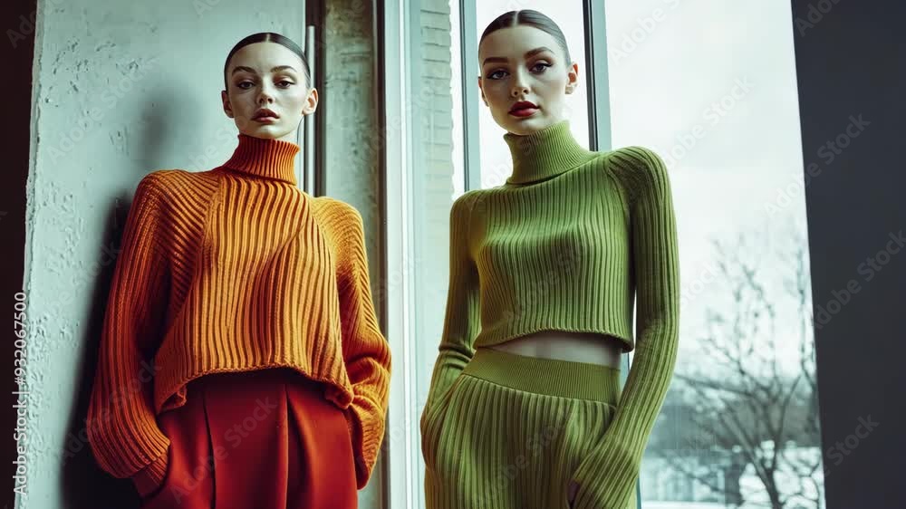 Two stylish models wear striking pullovers, exuding grace and confidence against a modern urban backdrop