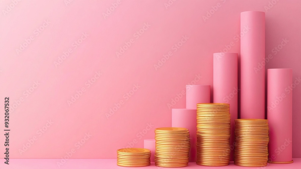 Illustration of stack of coins with rising bars on a pink background, symbolizing financial growth and investment success. Illustration of stack of coins with rising bars on a pink background, symbolizing financial growth and investment success.