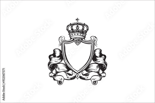 
Crown headed Shield silhouette.  Heraldic emblem crest shield with crown on white background.