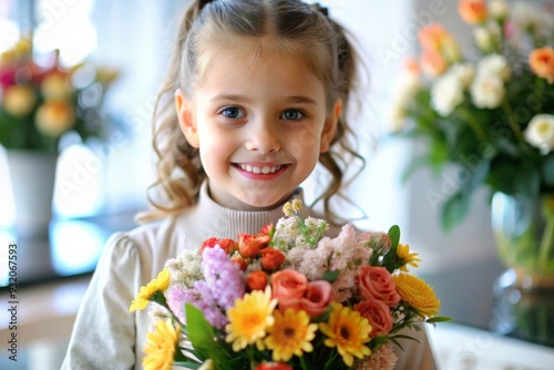 Girl with a Flower Bouquet - A young girl holding a bouquet of flowers, smiling sweetly at the camera. 