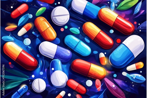 Close up of colorful capsules in a circular arrangement symbolizing the unity and effectiveness of modern medicine and pharmaceuticals