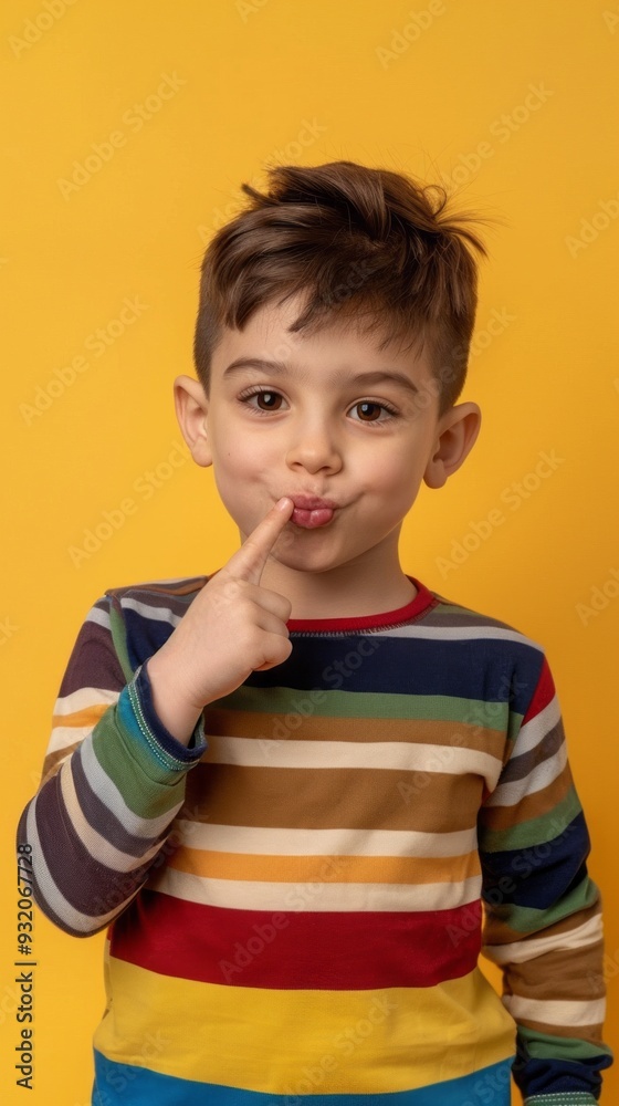 The boy playfully points upward with a cheeky expression on his face, showcasing his colorful striped shirt against a vibrant yellow background The boy playfully points upward with a cheeky expression on his face, showcasing his colorful striped shirt against a vibrant yellow background