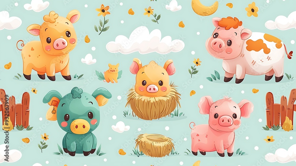 A seamless pattern of adorable cartoon cows and pigs playing in a barnyard, with haystacks, wooden fences, and a red barn, bright colors, soft sunlight, hd quality, natural look. --ar 16:9 --v 6. A seamless pattern of adorable cartoon cows and pigs playing in a barnyard, with haystacks, wooden fences, and a red barn, bright colors, soft sunlight, hd quality, natural look. --ar 16:9 --v 6.