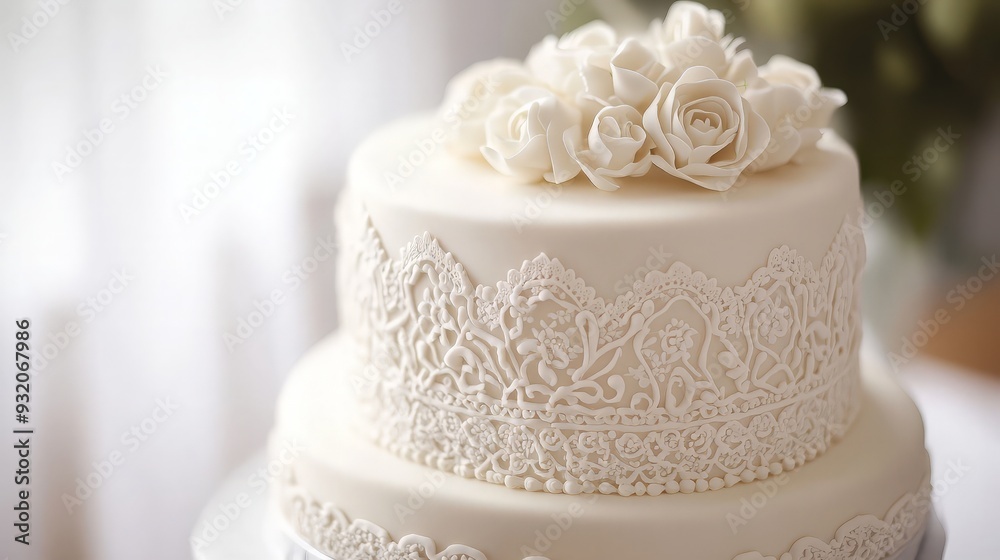 Elegant White Wedding Cake with Lace Accents Elegant White Wedding Cake with Lace Accents