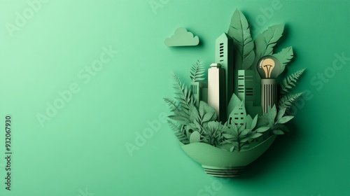 Green City: Sustainable Urban Living in a Light Bulb - A papercraft city skyline with lush greenery growing within a lightbulb, symbolizing sustainable urban development, eco-friendly living, renewabl photo