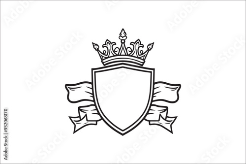 
Crown headed Shield silhouette.  Heraldic emblem crest shield with crown on white background.