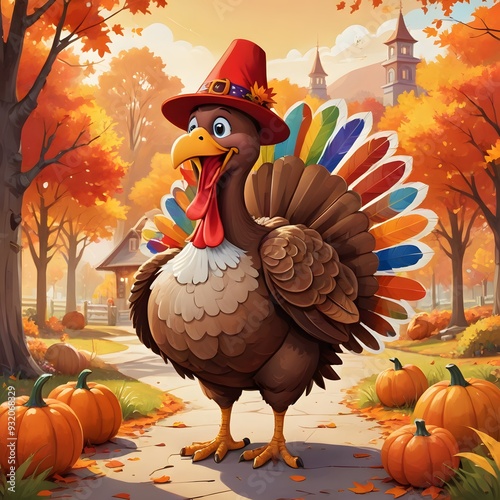 Happy Thanksgiving Turkey in Autumnal Setting photo