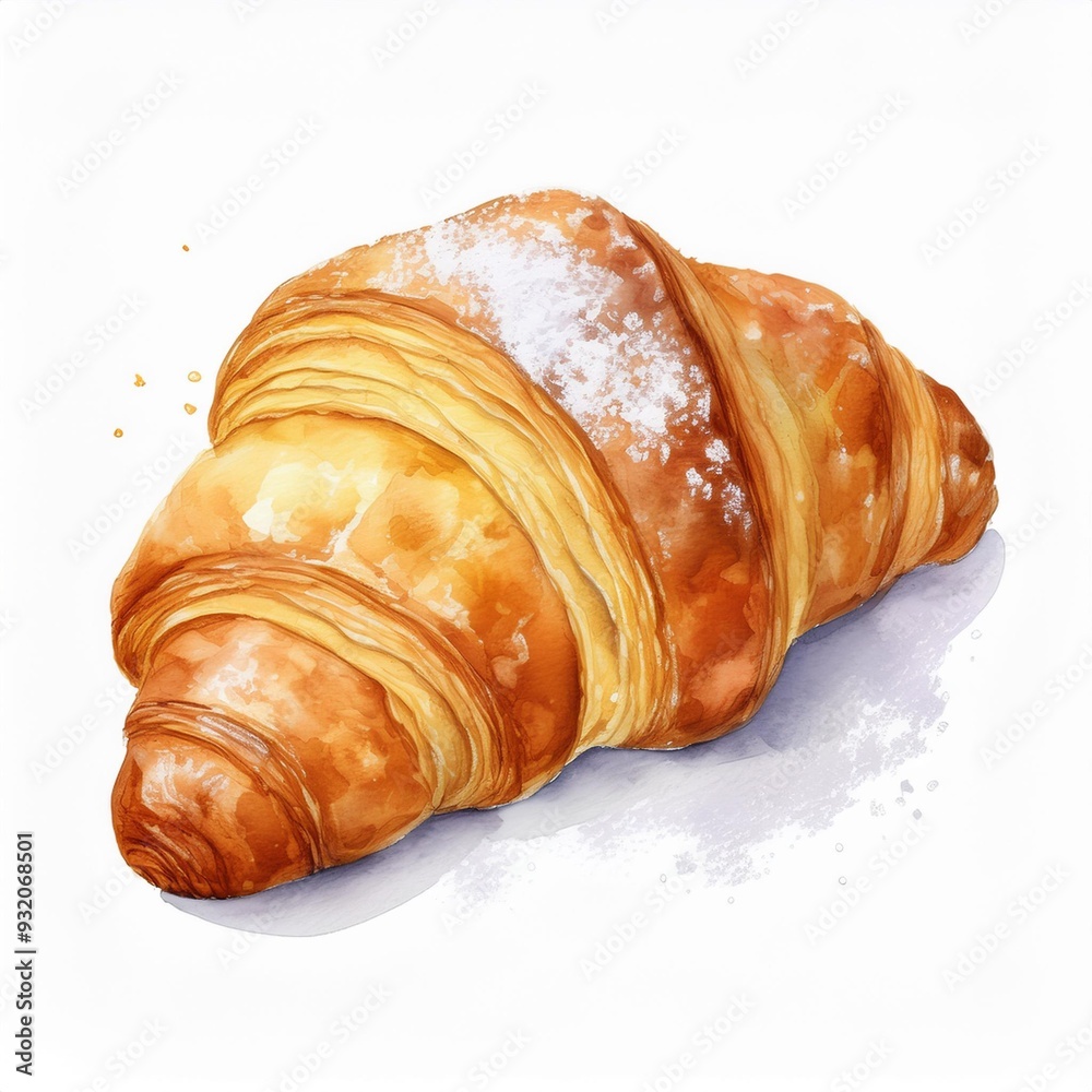 Fototapeta premium Realistic watercolor hand drawn powdered croissant, isolated on white background. Food Illustration of traditional french breakfast