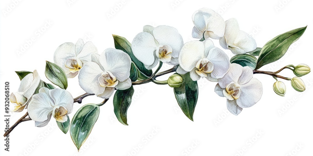 Fototapeta premium Watercolor Painting of a White Orchid Branch with Buds