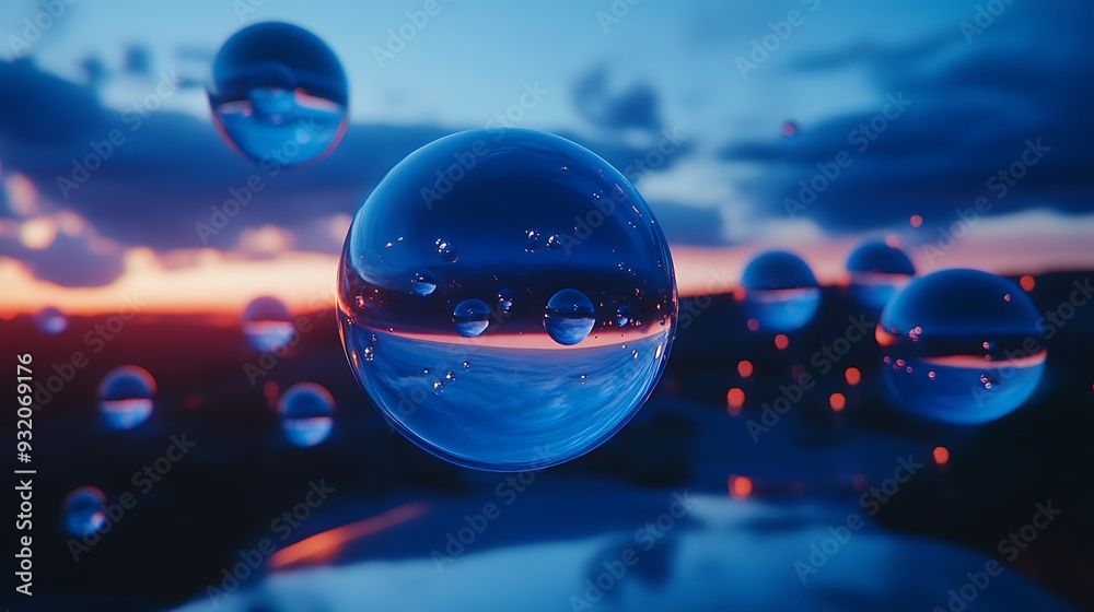 Enchanting Blue Orbs in Twilight Sky - Hyper-Realistic Photography Enchanting Blue Orbs in Twilight Sky - Hyper-Realistic Photography