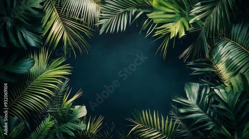 Lush Tropical Leaves Frame with Dark Green Background - This image showcases a vibrant green frame of tropical leaves surrounding a dark green background, symbolizing nature, growth, freshness, tranqu