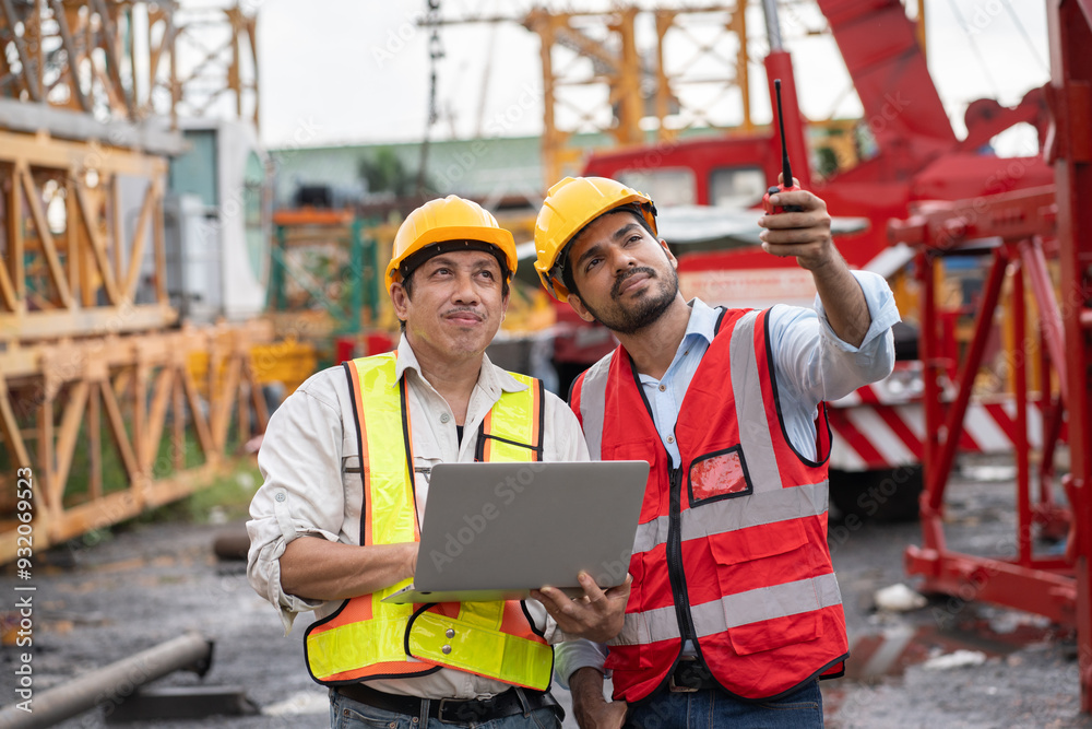 Asia engineer man worker use tablet computer and India engineer man use walkie talkie working with crane spare part background Asia engineer man worker use tablet computer and India engineer man use walkie talkie working with crane spare part background