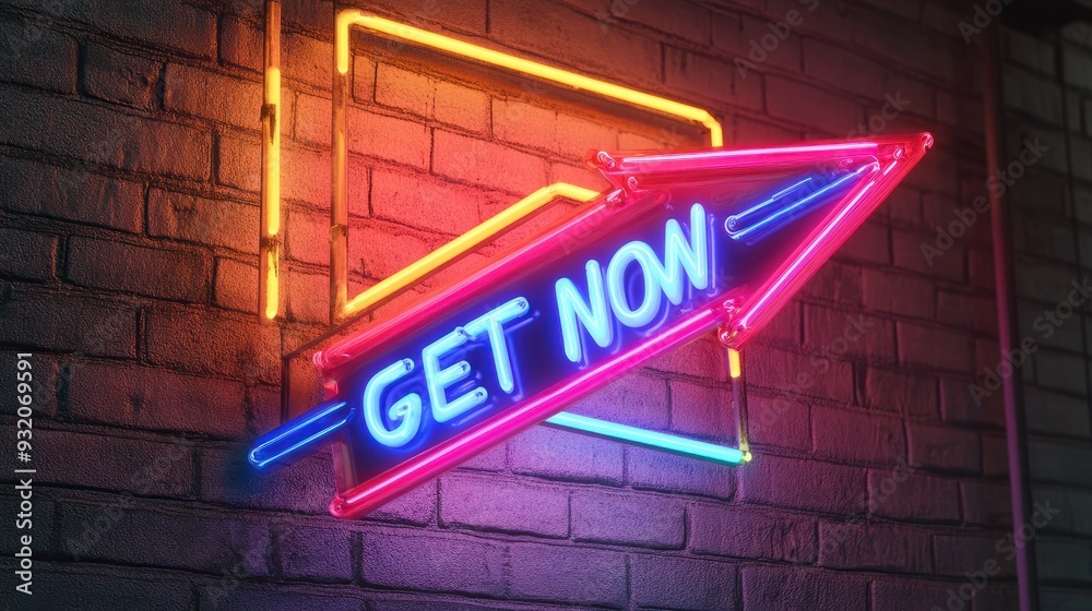 Neon Sign with Get It Now Message and Arrow: A Vibrant Call to Action. Neon Sign with Get It Now Message and Arrow: A Vibrant Call to Action.