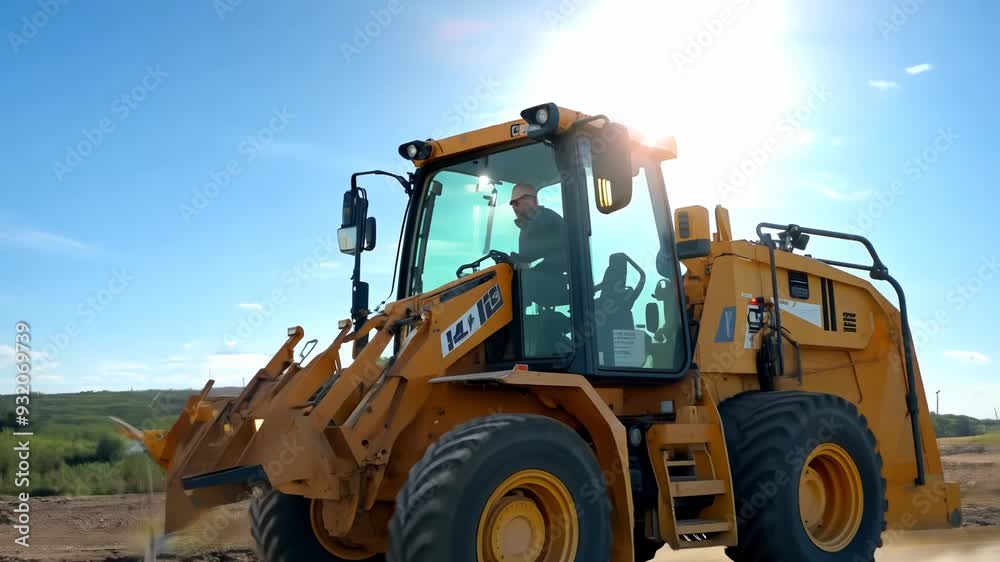 Excavator on Road with Sun Shining Brightly Excavator on Road with Sun Shining Brightly
