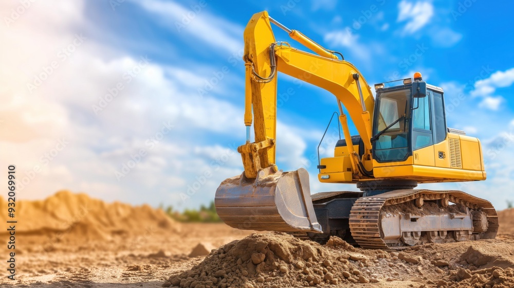 An excavator is actively digging into the ground, moving dirt at a construction site. The bright sky and surrounding earthworks highlight the ongoing activity An excavator is actively digging into the ground, moving dirt at a construction site. The bright sky and surrounding earthworks highlight the ongoing activity