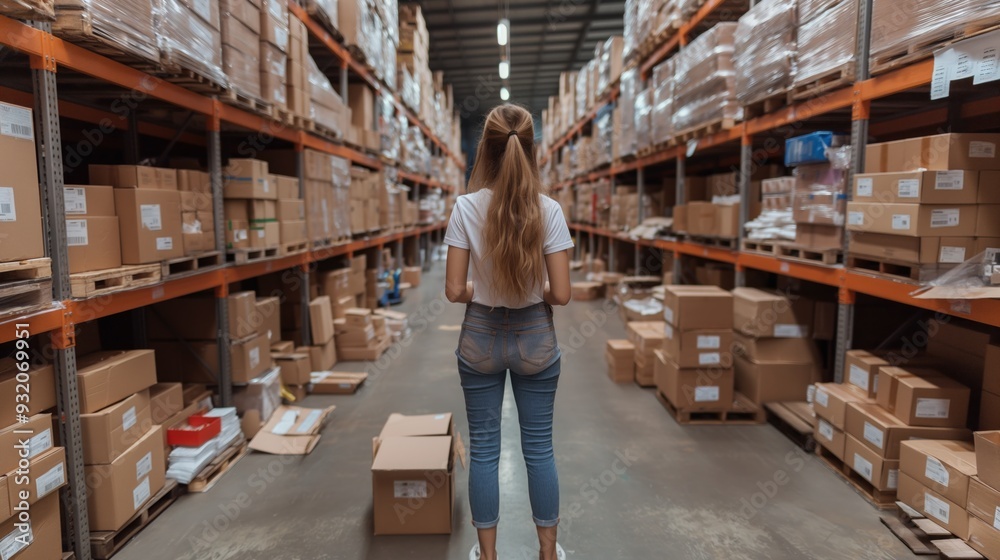 Fototapeta premium A young woman stands facing rows of neatly stacked cardboard boxes in a spacious warehouse, surveying the inventory during a busy workday