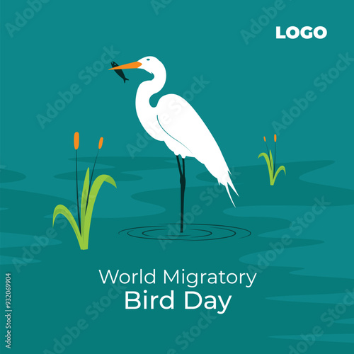 World Migratory Bird Day, Illustration vector of a Migratory bird standing in water and eating a fish creative concept, social media poster, greeting card design template