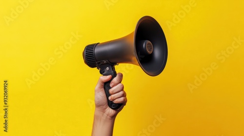 person's hand gripping a megaphone against a yellow background photo