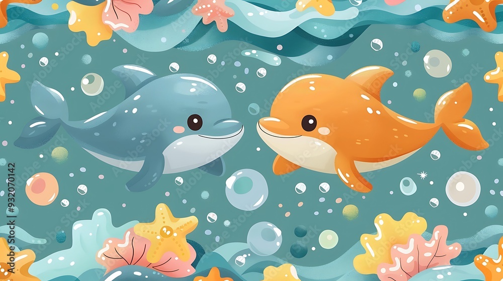 A seamless pattern of adorable cartoon starfish and dolphins playing among colorful coral reefs, with gentle ocean waves and bubbles, vibrant colors, detailed textures, soft lighting, hd quality, A seamless pattern of adorable cartoon starfish and dolphins playing among colorful coral reefs, with gentle ocean waves and bubbles, vibrant colors, detailed textures, soft lighting, hd quality,