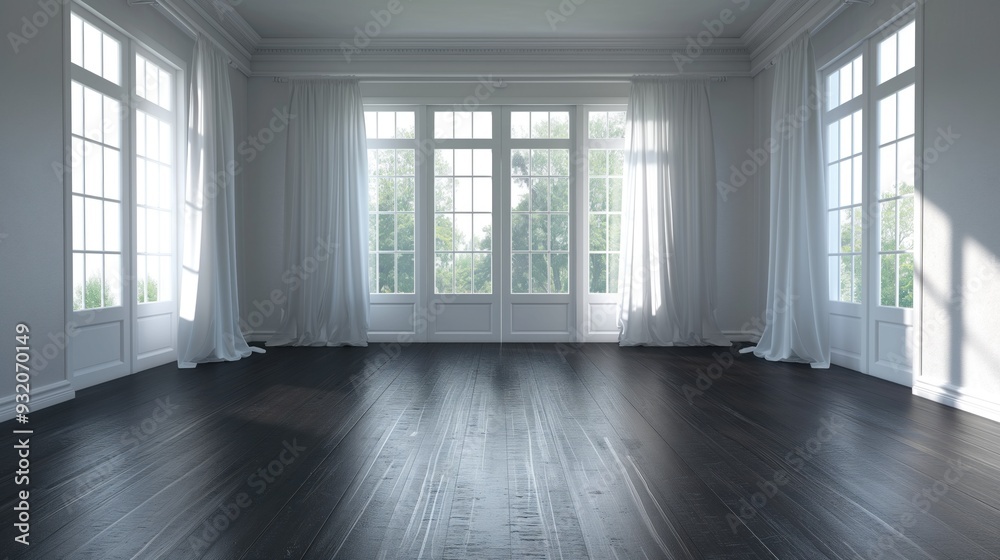 A spacious, unoccupied room features large windows with sheer curtains, allowing natural light to fill the space, highlighting the dark wooden floor A spacious, unoccupied room features large windows with sheer curtains, allowing natural light to fill the space, highlighting the dark wooden floor