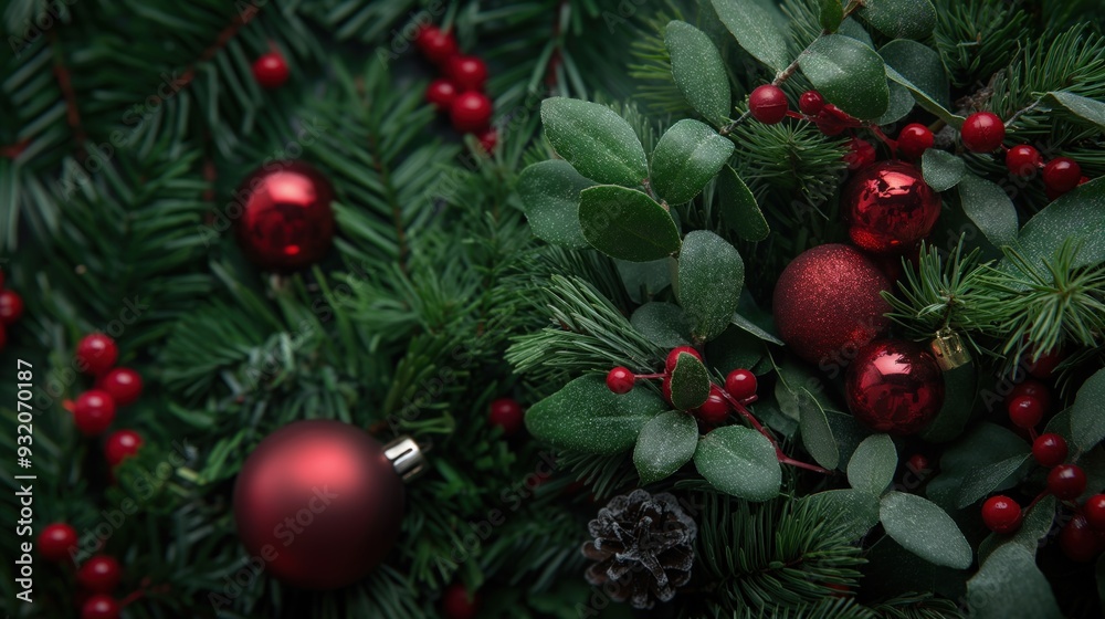 Lush green branches are adorned with red ornaments and bright berries, creating a vibrant centerpiece for Christmas festivities Lush green branches are adorned with red ornaments and bright berries, creating a vibrant centerpiece for Christmas festivities