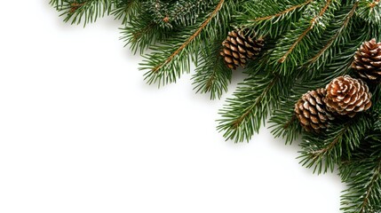 Fir tree branch with cones arranged elegantly on a white background, perfect for winter holiday decorations or Christmas card designs