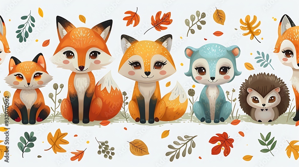 A seamless pattern of adorable woodland creatures like foxes, owls, and hedgehogs, exploring an autumn forest, rich earthy tones, detailed leaf textures, soft golden light, hd quality, natural look. A seamless pattern of adorable woodland creatures like foxes, owls, and hedgehogs, exploring an autumn forest, rich earthy tones, detailed leaf textures, soft golden light, hd quality, natural look.