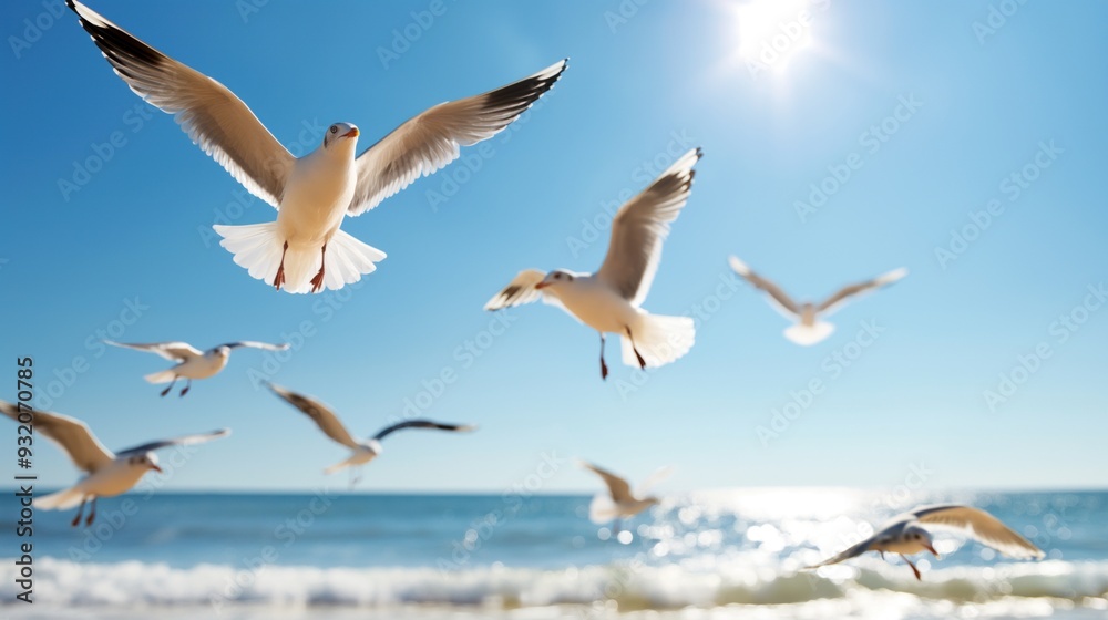 Flocks of seagulls glide gracefully above the shoreline, catching the sunlight while the ocean waves gently lap against the sandy beach Flocks of seagulls glide gracefully above the shoreline, catching the sunlight while the ocean waves gently lap against the sandy beach