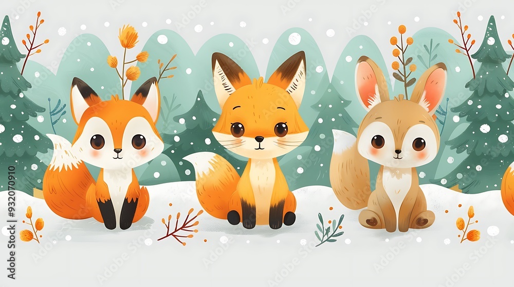 Obraz premium A seamless pattern of charming cartoon arctic foxes and hares playing in the snow, surrounded by snow-covered trees and icy lakes, soft whites and cool blues, detailed fur textures, hd quality,