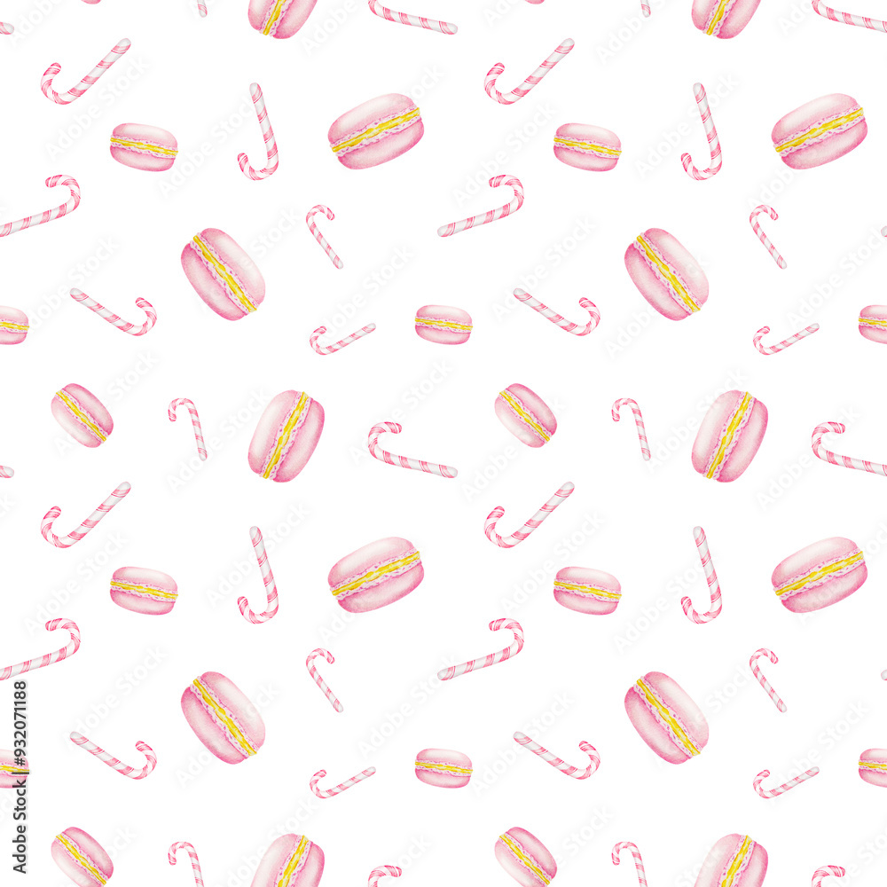 Pink New Year's candy canes, macarons. Watercolor hand drawn seamless pattern with Christmas sweets. Winter symbols for holiday season prints, background, packing paper, textile, fabric Pink New Year's candy canes, macarons. Watercolor hand drawn seamless pattern with Christmas sweets. Winter symbols for holiday season prints, background, packing paper, textile, fabric