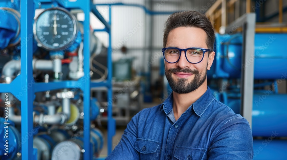 A technician stands confidently with arms crossed in a modern manufacturing facility filled with machinery and equipment A technician stands confidently with arms crossed in a modern manufacturing facility filled with machinery and equipment