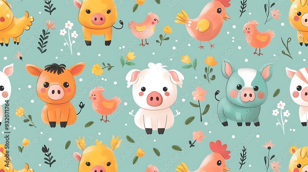 A seamless pattern of charming cartoon farm animals like cows, pigs, and chickens, playing around a barnyard, warm tones, detailed textures, sunny day lighting, hd quality, natural look.