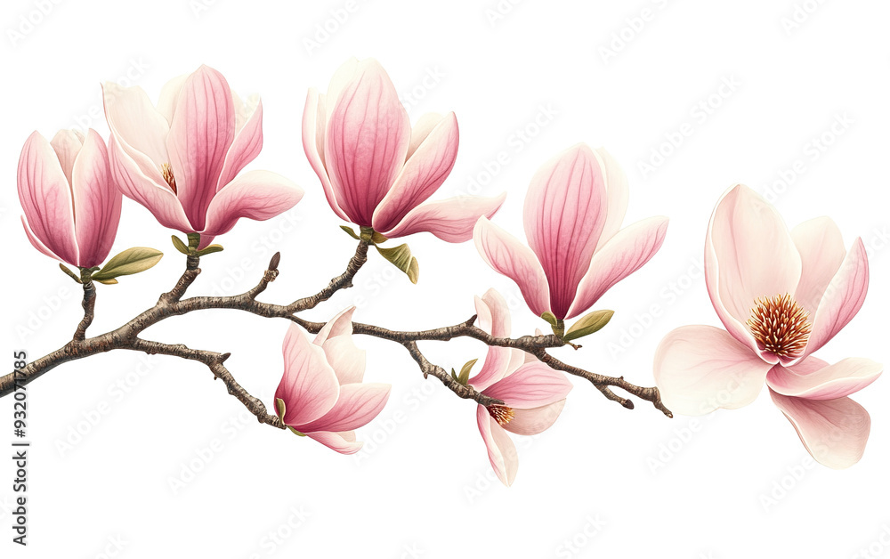Beautiful pink spring magnolia flowers on a tree on white background,png Beautiful pink spring magnolia flowers on a tree on white background,png