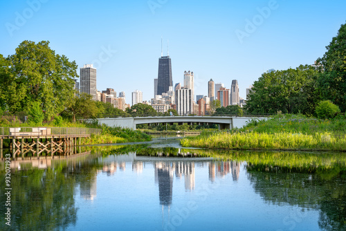 Obraz na płótnie the skyline of chicago seen from the lincoln park w salonie
