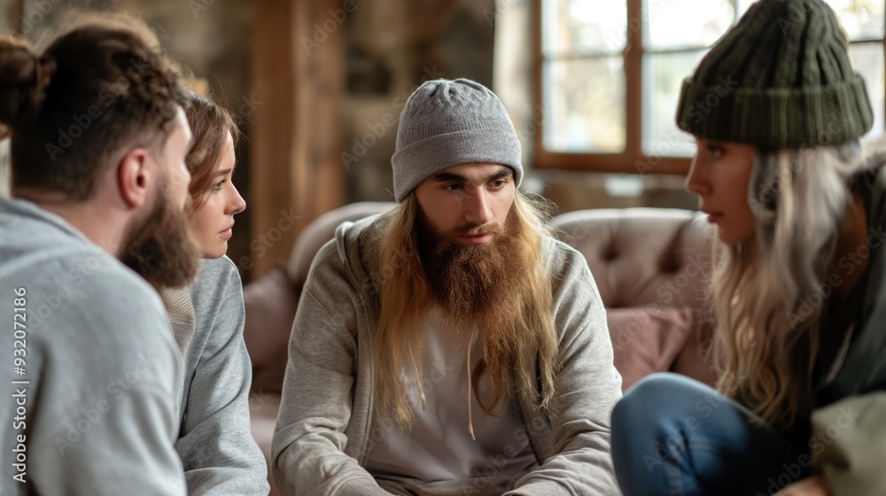 People attending a support group for addiction recovery, sharing stories and encouragement, expressions of vulnerability and strength, promoting mental health and recovery, indoor circle setting People attending a support group for addiction recovery, sharing stories and encouragement, expressions of vulnerability and strength, promoting mental health and recovery, indoor circle setting