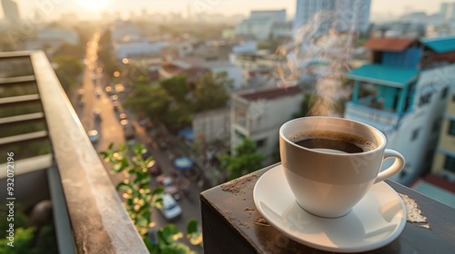 Fototapeta Naklejka Na Ścianę i Meble -  Morning coffee on a small balcony overlooking a bustling city, steam rising from the cup, warm sunlight, sense of relaxation and urban life, peaceful morning routine