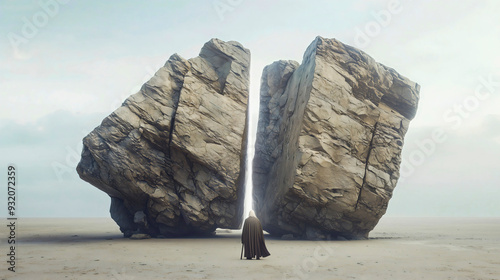 An elderly man resembling Moses parts a large rock from which water will flow to quench the thirst of the Jewish people.
Biblical Horeb