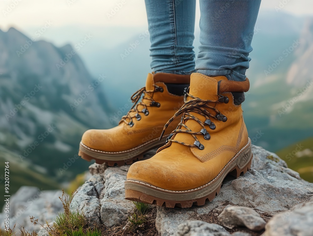 closeup of rugged hiking boots on rocky mountain trail earthy tones sense of adventure and exploration closeup of rugged hiking boots on rocky mountain trail earthy tones sense of adventure and exploration