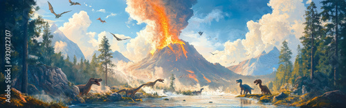 Prehistoric Volcano Eruption with Dinosaurs - A prehistoric scene depicting a massive volcano erupting in the background, with a group of dinosaurs in the foreground drinking from a river. The scene s photo