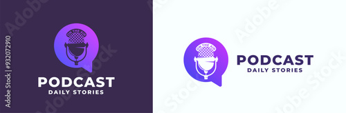 Podcast Mic Logo Templates Set. Retro Radio Broadcasting Microphone with Typography and Speech Bubble Symbol. Media Audio Show Gradient Emblems Design Bundle Isolated