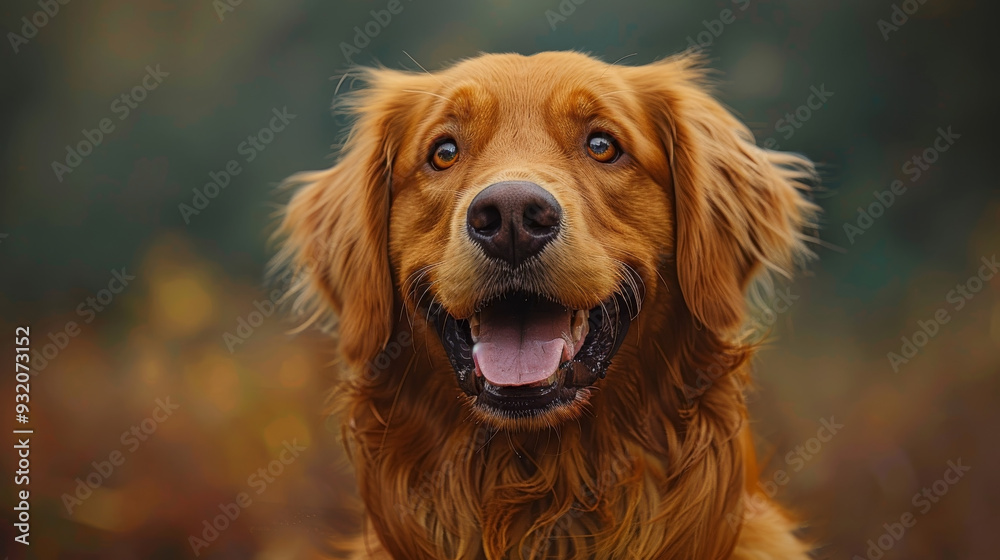 Obraz premium Close-up of a laughing dog with a wide grin, bright eyes, and tongue out against a dark green background