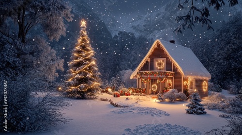 Weihnachtlich dekoriertes Haus in verschneiter Landschaft mit festlichen Lichterketten und Schnee auf dem Dach, Weihnachtsbaum im Garten, Weihnachtsstimmung, Berge und Schneelandschaft